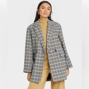 Women's Top Overcoat - A New Day Blue Plaid Multi S
